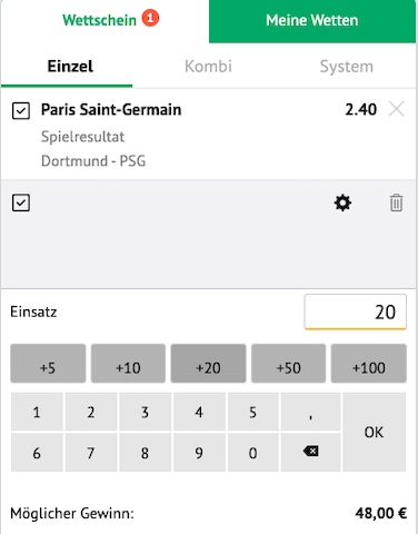 Champions League Wette bei ODDSET zu Dortmund - PSG