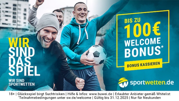 Für sportwetten.de Neukunden - 100% bis 100€ auf die erste Einzahlung
