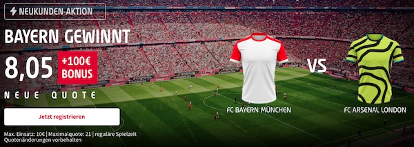 Tipico Quotenpromo zu Bayern vs. Arsenal - mit Quote 8.05 auf Sieg Bayern!