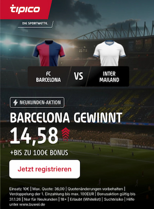 800% Tipico QUotenboost auf einen Barcelona-Sieg gegen Inter