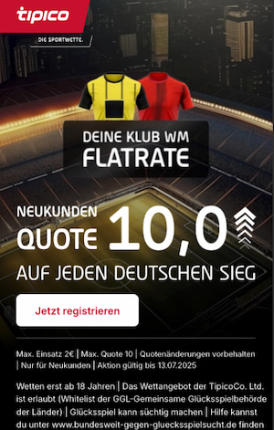 Tipico Quotenboost: Glatrate auf die deutschen Klubs bei der Klub WM. Quote 10.0
