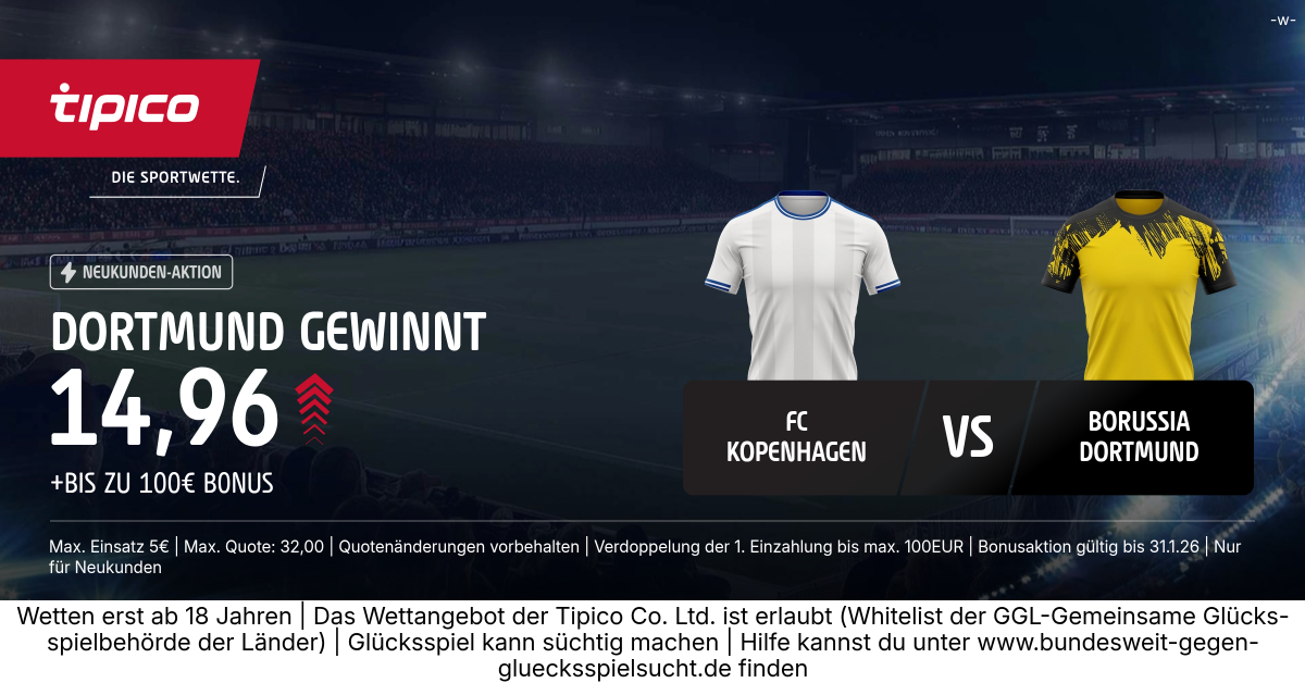14.96 auf Dortmund gewinnt beim FC Kopenhagen (Tipico)