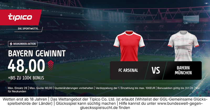 Quote 48.0 auf Bayern gewinnt gegen Arsenal bei Tipico