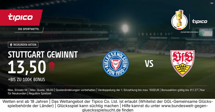 Tipico mit Quotenboost zum DFB-Pokal-Viertelfinal-Spiel zwischen Kiel und Stuttgart