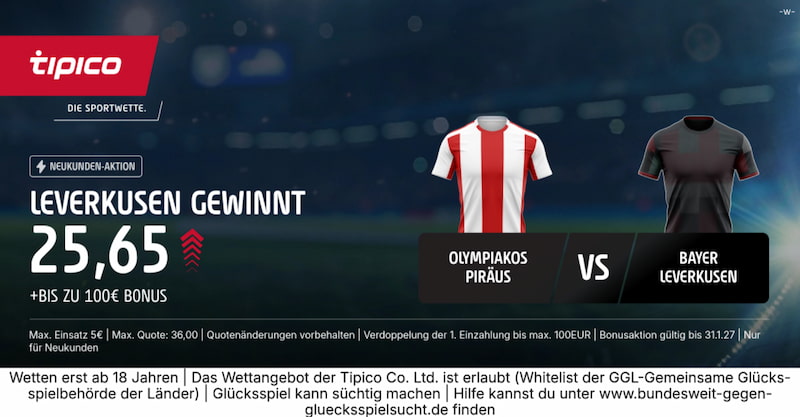 Quotenboost bei Tipico zum CL-Playoff-Hinspiel zwischen Olympiakos und Leverkusen