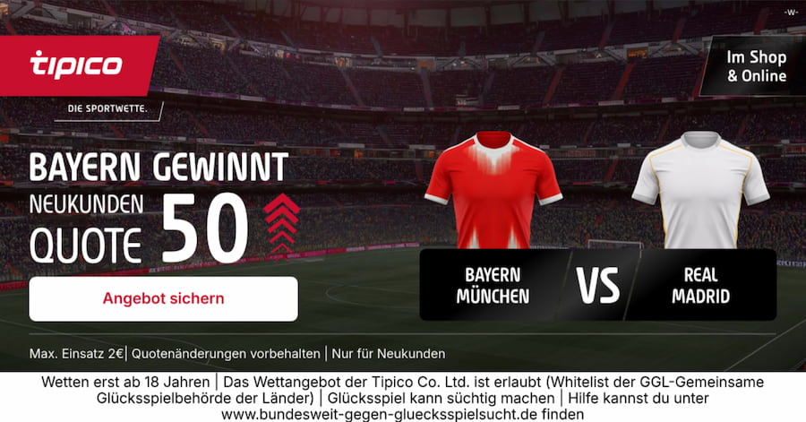 Quote 50.0 auf Bayern im Viertelfinal-Rückspiel gegen Real